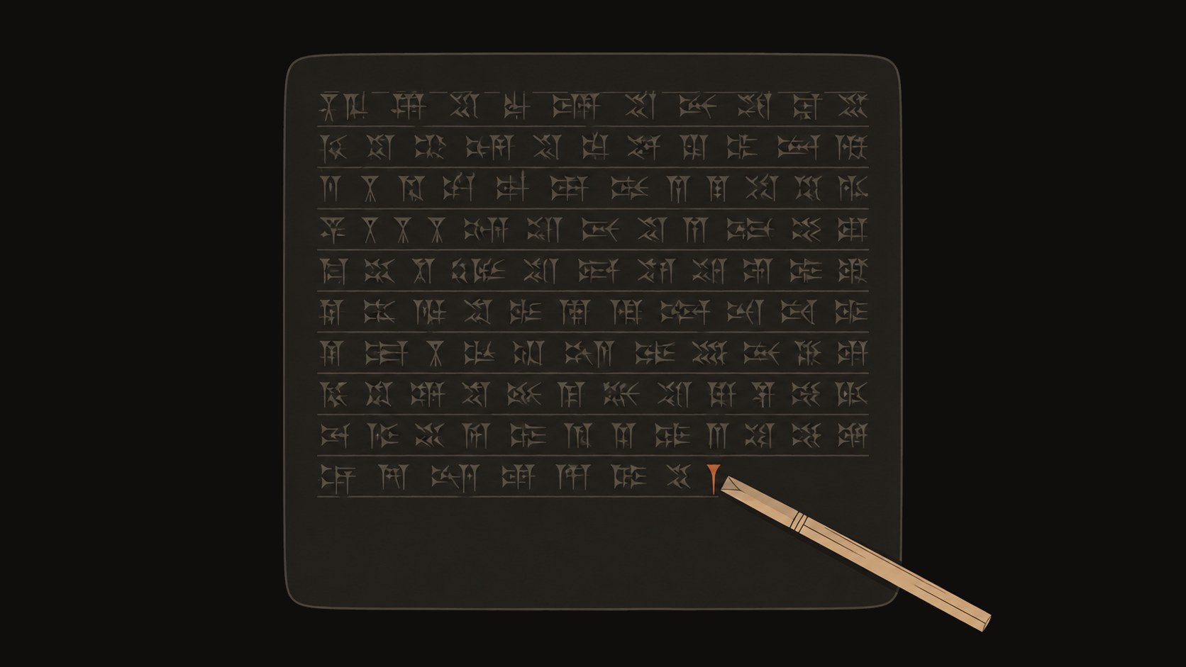 A large clay tablet with rows of abstract wedge marks; a reed stylus rests at its corner, the newest mark in fired clay.