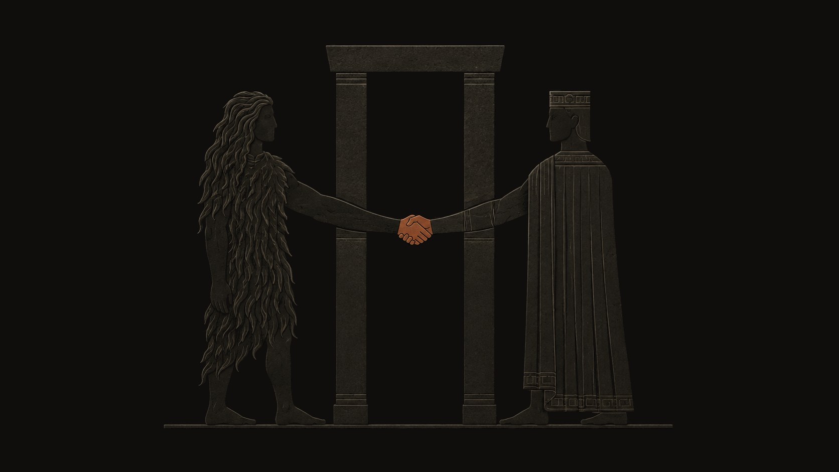 Two equal faceless figures in relief profile clasp hands through a stone doorway.