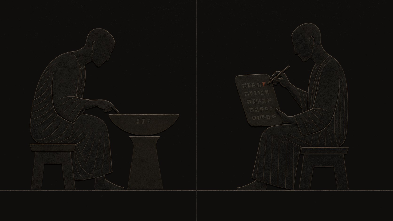 Diptych in relief style: a seer inspects a bowl; a scribe writes on a tablet.