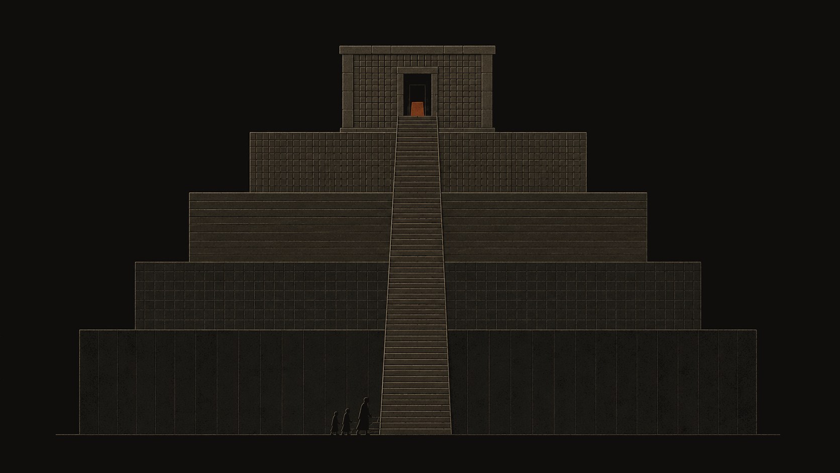 A four-terraced stepped temple with one central stair; a small lit doorway at its summit; tiny figures ascend.
