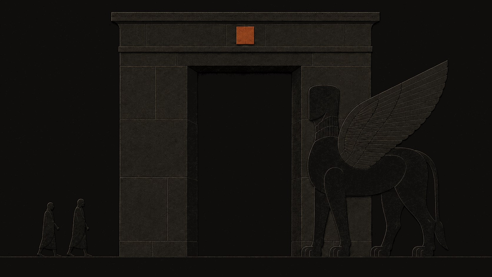 An abstract winged guardian stands at a monumental city gate as two small travellers approach; a small beacon block sits above the lintel.
