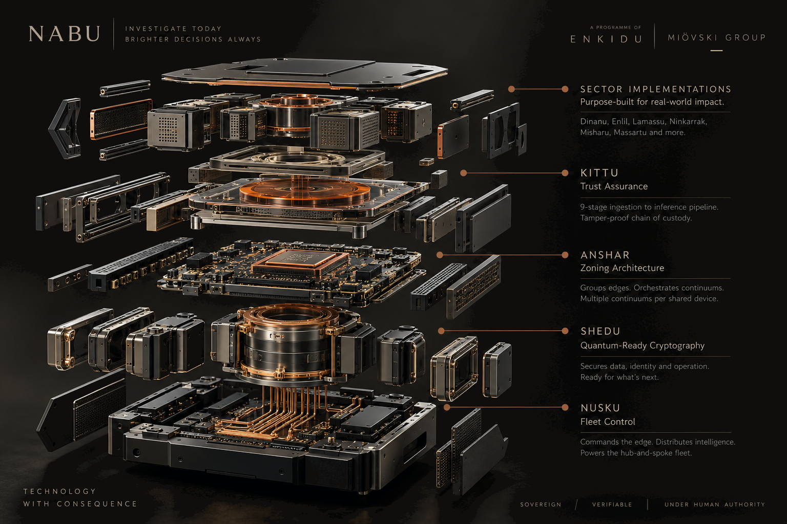 Exploded view of the Nabu assembly &mdash; sector implementations above the shared Ekur capabilities: Kittu trust assurance, Anshar zoning architecture, Shedu quantum-ready cryptography, and Nusku fleet control.